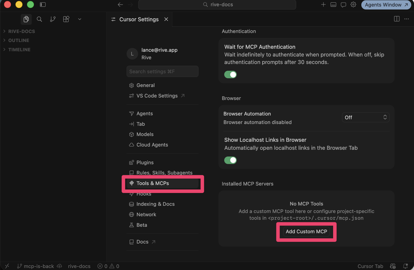 打开 Cursor MCPs 选项卡