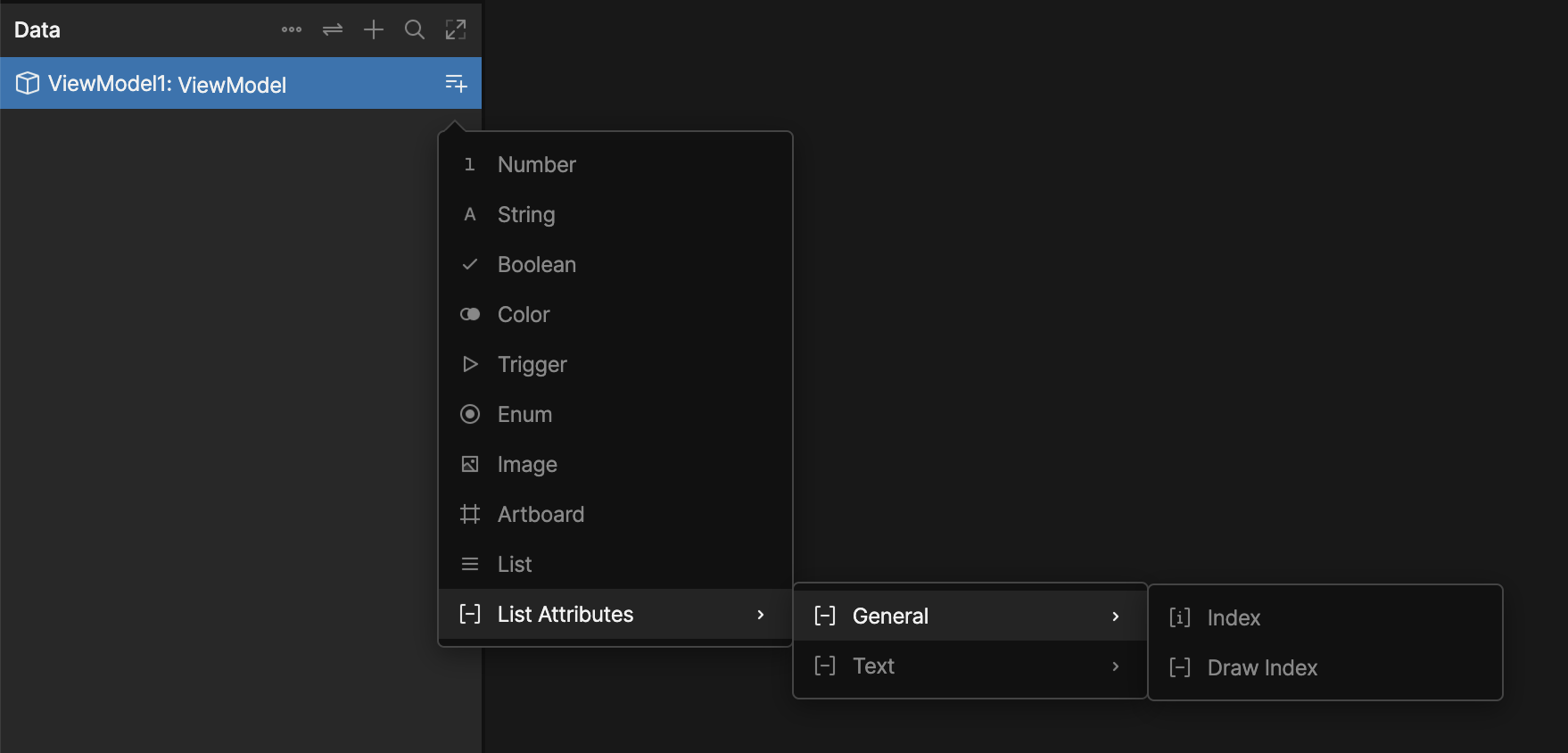 点击 item 的 View Model 上的 + 后，List Attributes 菜单中悬停在 Index 上