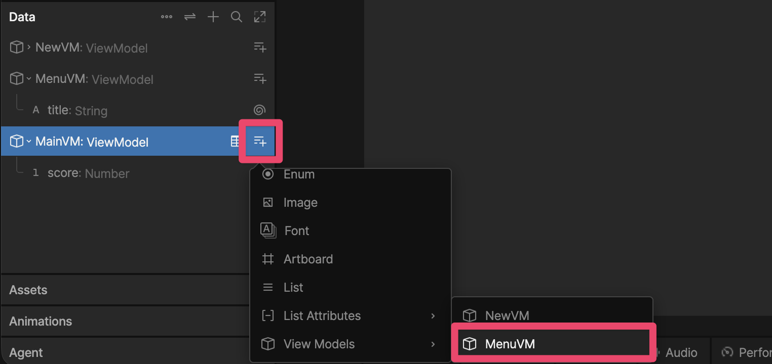 通过点击主视图模型上的 +,选择 View Models,然后选择 MainVM 来创建新的视图模型属性