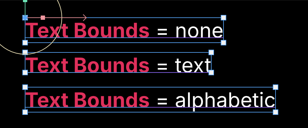边界选项分别为 none、text 和 alphabetic 的文本